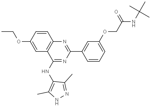 N-tert-butyl-2-[3-[4-[(3,5-dimethyl-1H-pyrazol-4-yl)amino]-6-ethoxy-quinazolin-2-yl]phenoxy]acetamide Struktur