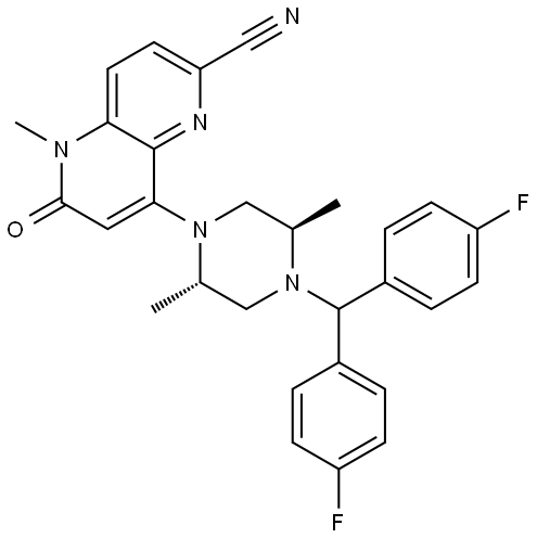 8-[(2S,5R)-4-[Bis(4-fluorophenyl)methyl]-2,5-dimethyl-1-piperazinyl]-5-methyl-6-oxo-5,6-dihydro-1,5-naphthyridine-2-carbonitrile Structure