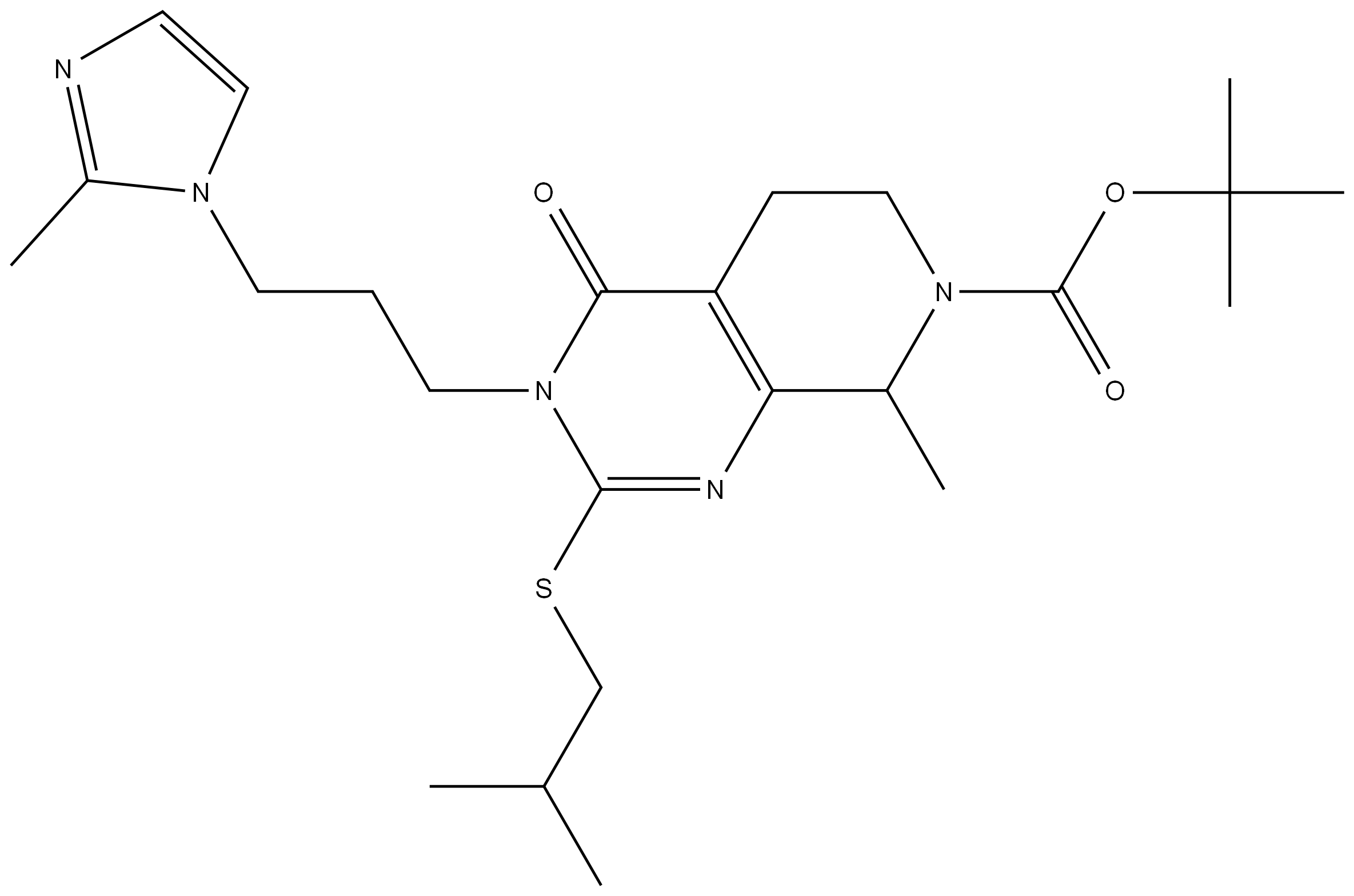 tert-butyl 2-(isobutylthio)-8-methyl-3-(3-(2-methyl-1H-imidazol-1-yl)propyl)-4-oxo-4,5,6,8-tetrahydropyrido[3,4-d]pyrimidine-7(3H)-carboxylate 结构式