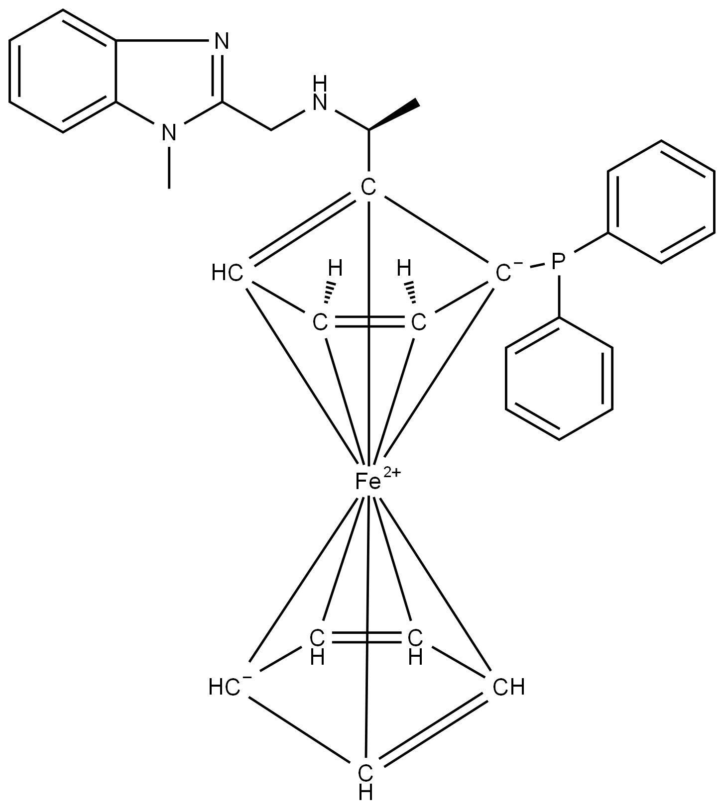 (1S)-1-(Diphenylphosphino)-2-[(1S)-1-[[(1-methyl-1H-benzimidazol-2-yl)methyl]amino]ethyl]ferrocene Structure