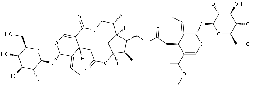 2H-Pyran-4-acetic acid, 3-ethylidene-2-(β-D-glucopyranosyloxy)-3,4-dihydro-5-(methoxycarbonyl)-, [(3S,4E,4aS,8S,9R,10S,11S,12R)-4-ethylidene-3-(β-D-glucopyranosyloxy)-4,4a,5,6,8,9,10,11,12,13-decahydro-9,12-dimethyl-6,15-dioxo-8,11-methano-3H,15H-pyrano[3,4-c][1,7]dioxacyclotridecin-10-yl]methyl ester, (2S,3E,4S)- Struktur