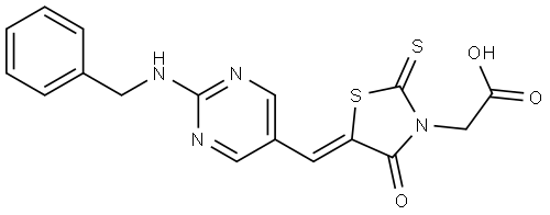 3-Thiazolidineacetic acid, 4-oxo-5-[[2-[(phenylmethyl)amino]-5-pyrimidinyl]methylene]-2-thioxo-, (5Z)- 结构式