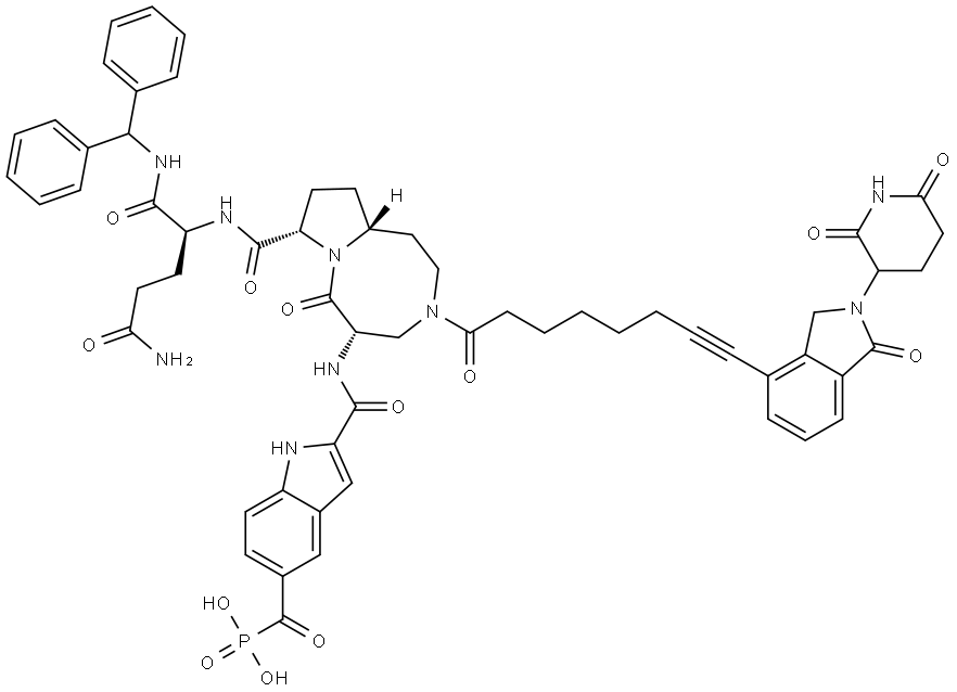 (2-(((5S,8S,10aR)-8-(((S)-5-amino-1-(benzhydrylamino)-1,5-dioxopentan-2-yl)carbamoyl)-3-(8-(2-(2,6-dioxopiperidin-3-yl)-1-oxoisoindolin-4-yl)oct-7-ynoyl)-6-oxodecahydropyrrolo[1,2-a][1,5]diazocin-5-yl)carbamoyl)-1H-indole-5-carbonyl)phosphonic acid - [AC8 Struktur