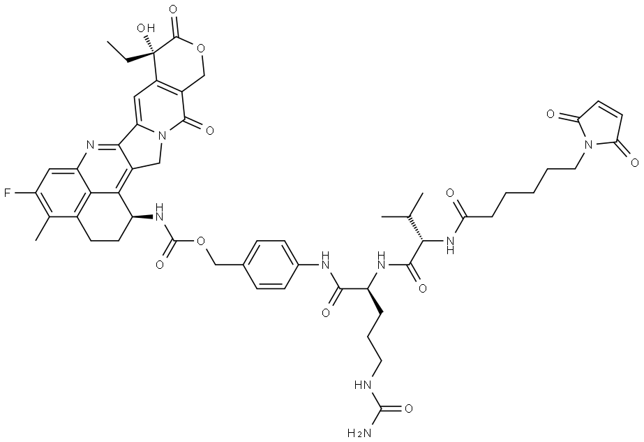 L-Ornithinamide, N-[6-(2,5-dihydro-2,5-dioxo-1H-pyrrol-1-yl)-1-oxohexyl]-L-valyl-N5-(aminocarbonyl)-N-[4-[[[[[(1S,9S)-9-ethyl-5-fluoro-2,3,9,10,13,15-hexahydro-9-hydroxy-4-methyl-10,13-dioxo-1H,12H-benzo[de]pyrano[3′,4′:6,7]indolizino[1,2-b]quinolin-1-yl]amino]carbonyl]oxy]methyl]phenyl]-|化合物 MC-VAL-CIT-PAB-EXATECAN