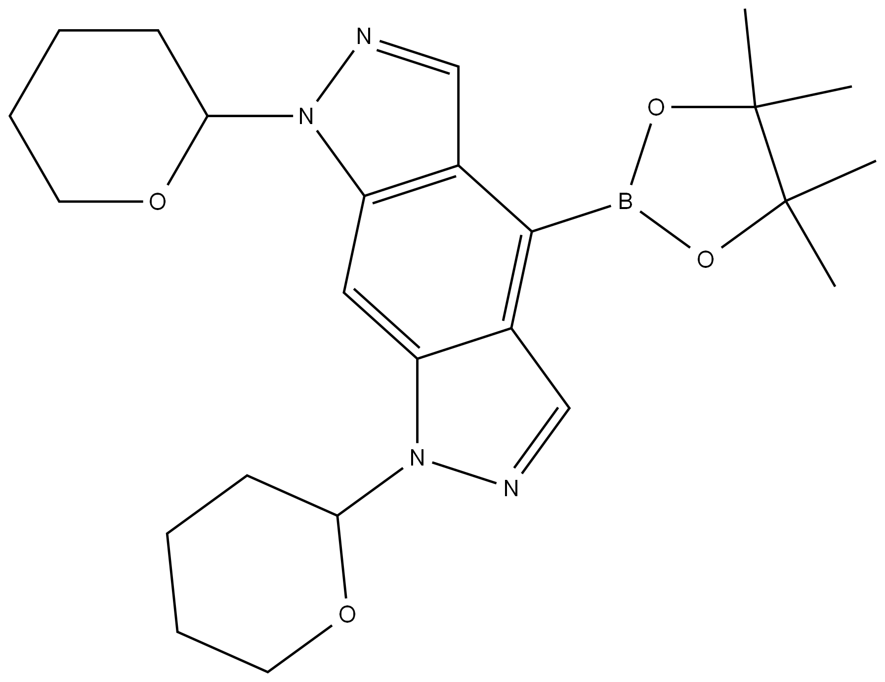Pyrazolo[4,3-f]indazole, 1,7-dihydro-1,7-bis(tetrahydro-2H-pyran-2-yl)-4-(4,4,5,5-tetramethyl-1,3,2-dioxaborolan-2-yl)- 结构式