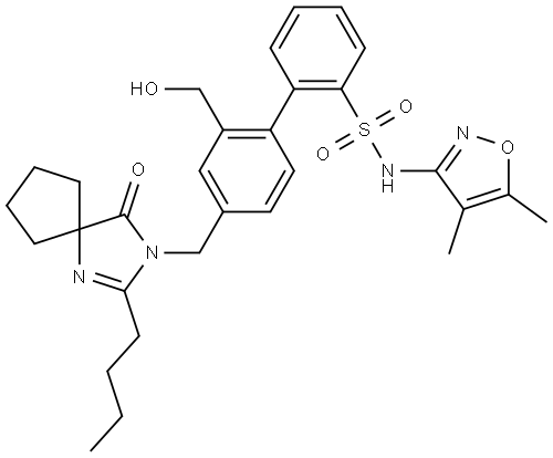 [1,1′-Biphenyl]-2-sulfonamide, 4′-[(2-butyl-4-oxo-1,3-diazaspiro[4.4]non-1-en-3-yl)methyl]-N-(4,5-dimethyl-3-isoxazolyl)-2′-(hydroxymethyl)- Structure