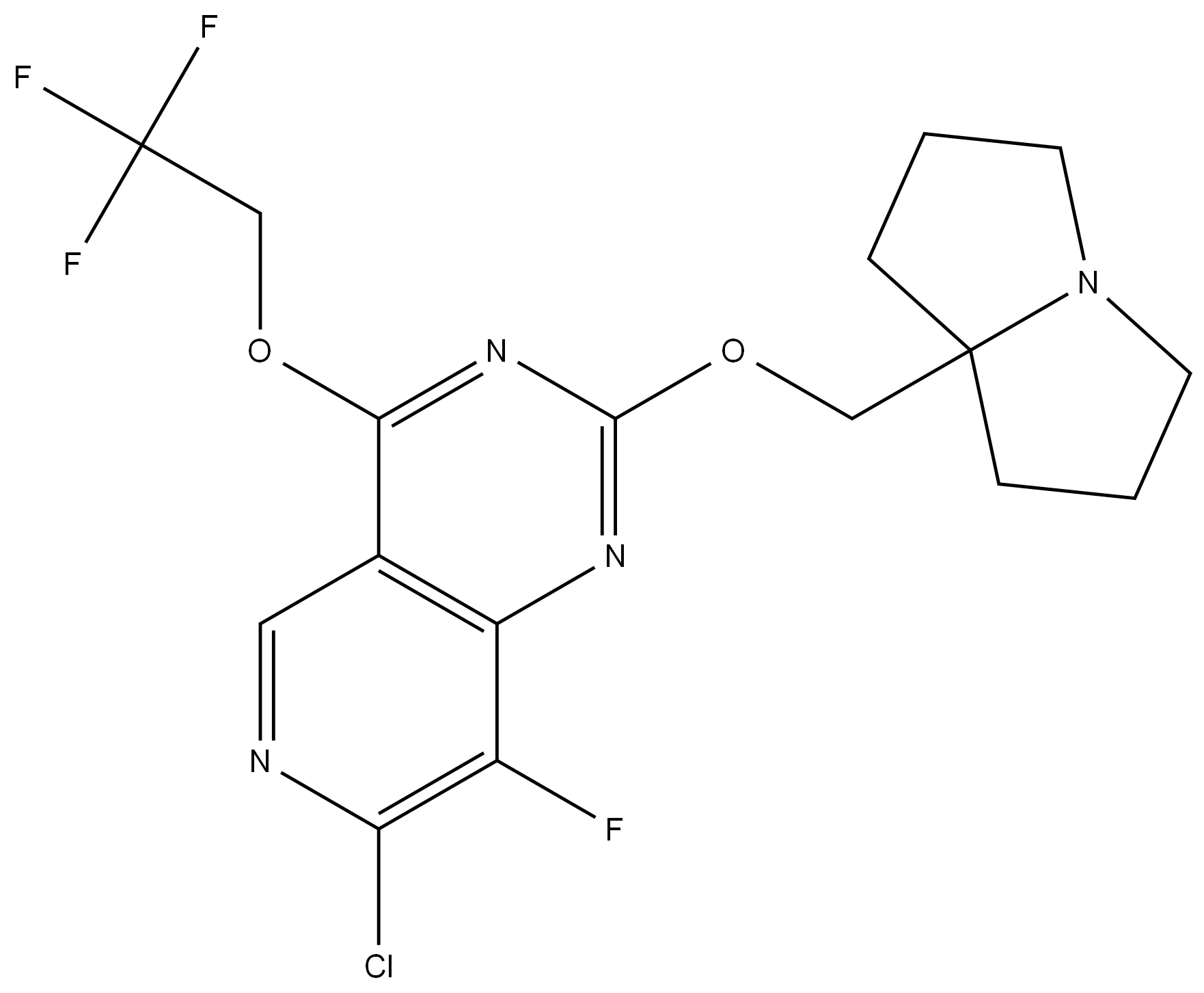 7-chloro-8-fluoro-2-((tetrahydro-1H-pyrrolizin-7a(5H)-yl)methoxy)-4-(2,2,2- trifluoroethoxy)pyrido[4,3-d]pyrimidine Struktur