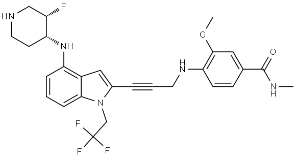 4-((3-(4-(((3S,4R)-3-fluoropiperidin-4-yl)amino)-1-(2,2,2-trifluoroethyl)-1H-indol-2-yl)prop-2-yn-1-yl)amino)-3-methoxy-N-methylbenzamide Structure