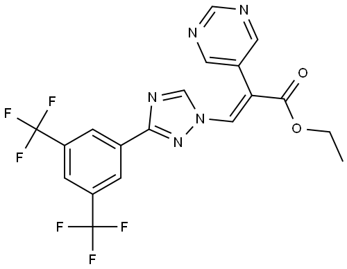 ethyl (E)-3-(3-(3,5-bis(trifluoromethyl)phenyl)-1H-1,2,4-triazol-1-yl)-2-(pyrimidin-5-yl)acrylate Structure