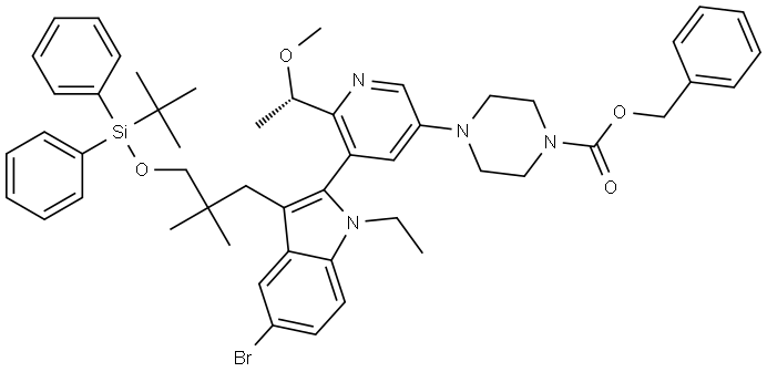 1-Piperazinecarboxylic acid, 4-[5-[5-bromo-3-[3-[[(1,1-dimethylethyl)diphenylsilyl]oxy]-2,2-dimethylpropyl]-1-ethyl-1H-indol-2-yl]-6-[(1S)-1-methoxyethyl]-3-pyridinyl]-, phenylmethyl ester Structure