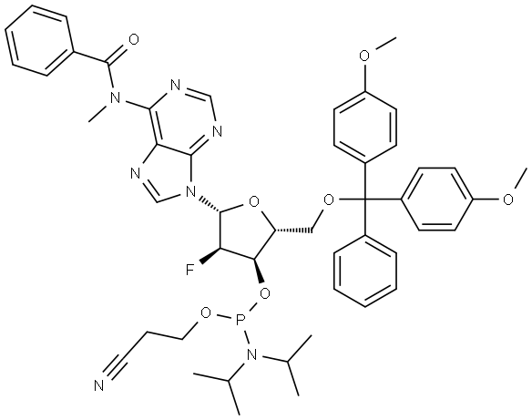 Adenosine, N-benzoyl-5′-O-[bis(4-methoxyphenyl)phenylmethyl]-2′-deoxy-2′-fluoro-N-methyl-, 3′-[2-cyanoethyl N,N-bis(1-methylethyl)phosphoramidite] Structure