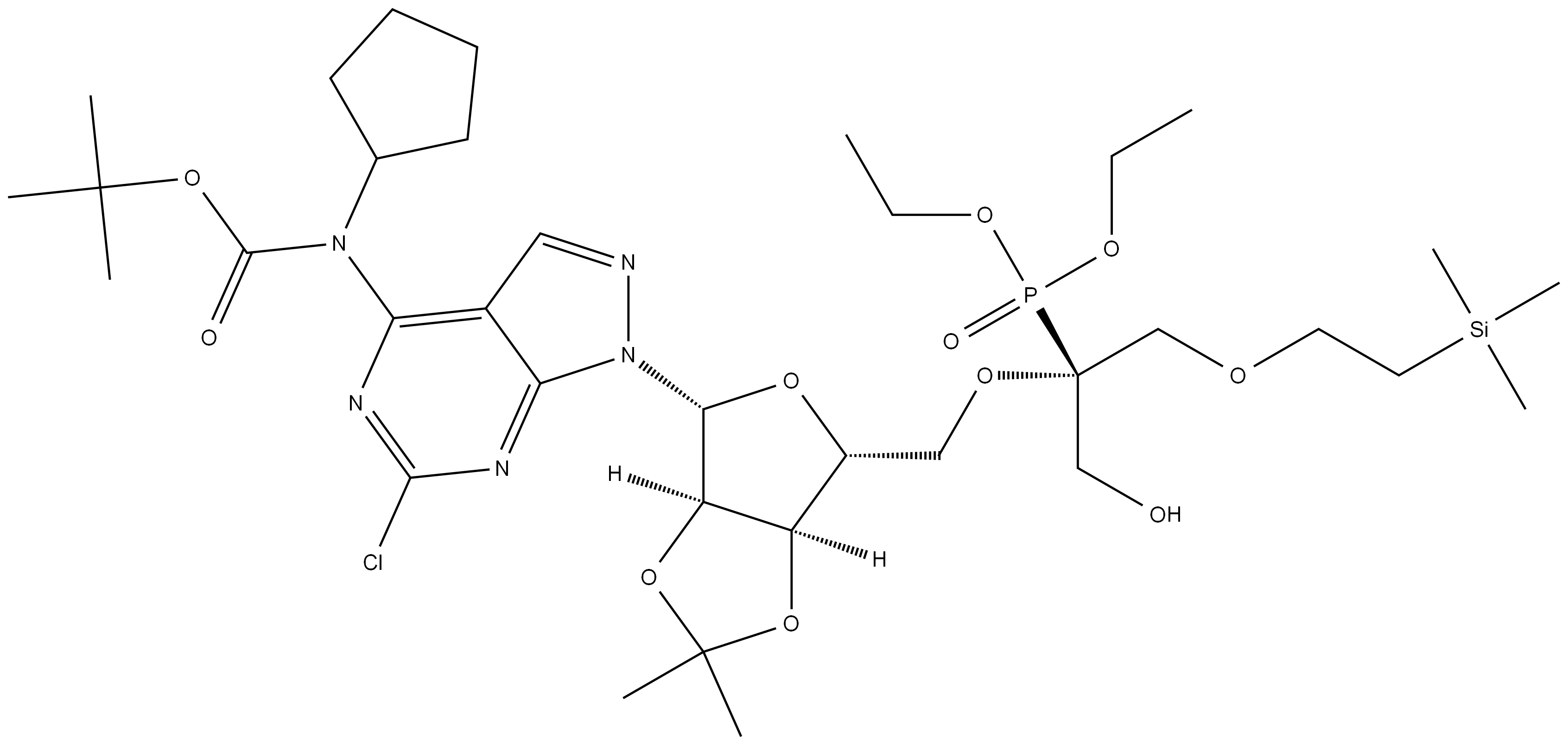 tert-butyl (6-chloro-1-((3aR,4R,6R,6aR)-6-((((R)-2-(diethoxyphosphoryl)-1-hydroxy-3-(2-(trimethylsilyl)ethoxy)propan-2-yl)oxy)methyl)-2,2-dimethyltetrahydrofuro[3,4-d][1,3]dioxol-4-yl)-1H-pyrazolo[3,4-d]pyrimidin-4-yl)(cyclopentyl)carbamate,2662726-59-0,结构式