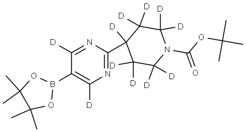 tert-butyl 4-(5-(4,4,5,5-tetramethyl-1,3,2-dioxaborolan-2-yl)pyrimidin-2-yl-4,6-d2)piperidine-1-carboxylate-2,2,3,3,4,5,5,6,6-d9 Struktur