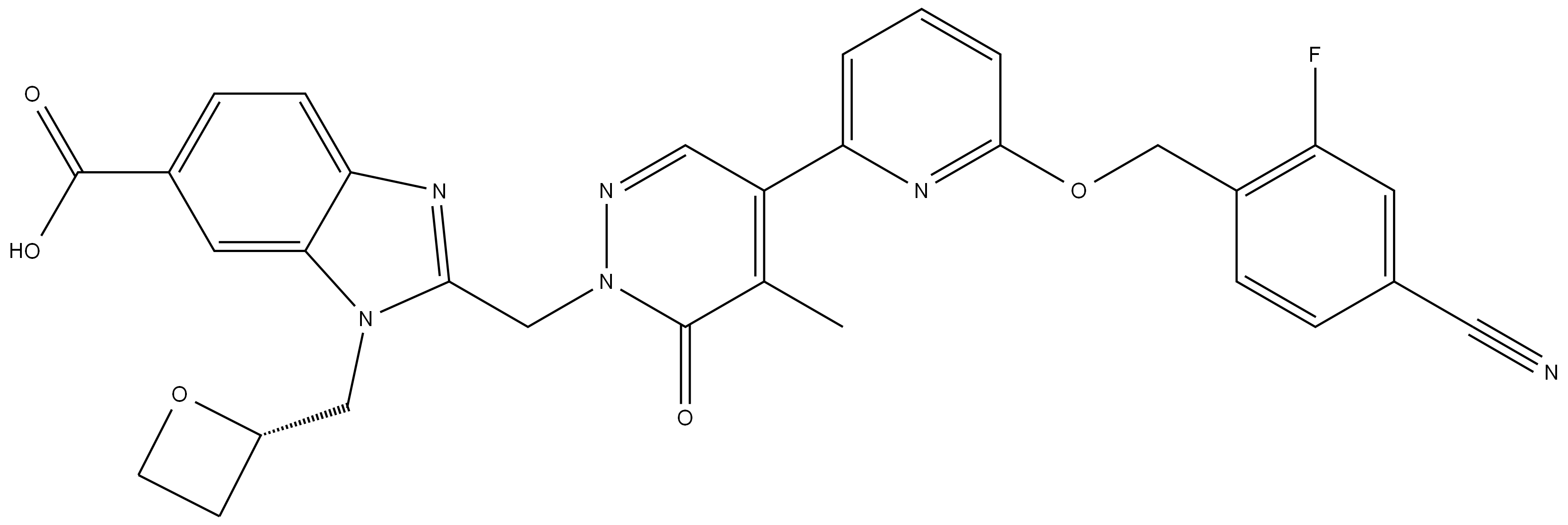 (S)-2-((4-(6-((4-cyano-2-fluorobenzyl)oxy)pyridin-2-yl)-5-methyl-6-oxopyridazin-1(6H)-yl)methyl)-1-(oxetan-2-ylmethyl)-1H-benzo[d]imidazole-6-carboxylic acid,2786674-64-2,结构式