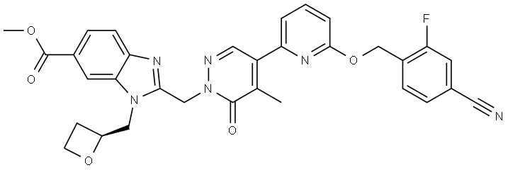 methyl (S)-2-((4-(6-((4-cyano-2-fluorobenzyl)oxy)pyridin-2-yl)-5-methyl-6-oxopyridazin-1(6H)-yl)methyl)-1-(oxetan-2-ylmethyl)-1H-benzo[d]imidazole-6-carboxylate,2786674-67-5,结构式