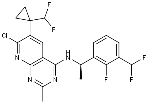 (R)-7-chloro-N-(1-(3-(difluoromethyl)-2-fluorophenyl)ethyl)-6-(1-(difluoromethyl)cyclopropyl)-2-methylpyrido[2,3-d]pyrimidin-4-amine 结构式