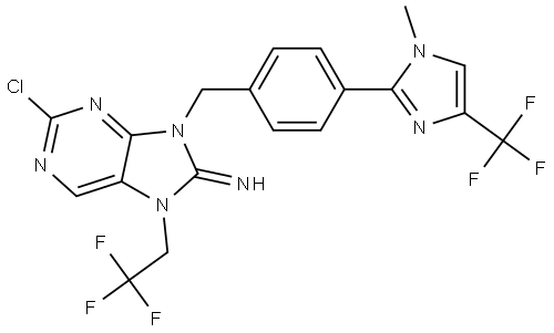 2-chloro-9-(4-(1-methyl-4-(trifluoromethyl)-1H-imidazol-2-yl)benzyl)-7-(2,2,2-trifluoroethyl)-7,9-dihydro-8H-purin-8-imine Structure
