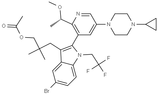 (S)-3-(5-bromo-2-(5-(4-cyclopropylpiperazin-1-yl)-2-(1-methoxyethyl)pyridin-3-yl)-1-(2,2,2-trifluoroethyl)-1H-indol-3-yl)-2,2-dimethylpropyl acetate|(S)-3-(5-溴-2-(5-(4-环丙基哌嗪-1-基)-2-(1-甲氧基乙)吡啶-3-基)-1-(2,2,2-三氟乙基)-1H-吲哚-3-基)-2,2-二甲基酰酸酯