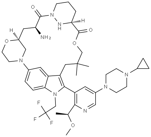 15H-3,5-Etheno-14,18-imino-6,10-methano-6H-pyrrolo[3,4-g][1,12,4,18]dioxadiazacyclodocosine-13,19(10H,16H)-dione, 12-amino-1-[5-(4-cyclopropyl-1-piperazinyl)-2-[(1S)-1-methoxyethyl]-3-pyridinyl]-2,7,8,11,12,17,18,21,22,23-decahydro-22,22-dimethyl-2-(2,2,2-trifluoroethyl)-, (10S,12S,18S)- Structure