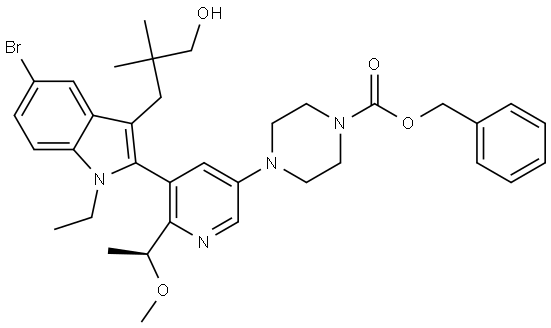 benzyl (S)-4-(5-(5-bromo-1-ethyl-3-(3-hydroxy-2,2-dimethylpropyl)-1H-indol-2-yl)-6-(1-methoxyethyl)pyridin-3-yl)piperazine-1-carboxylate Structure