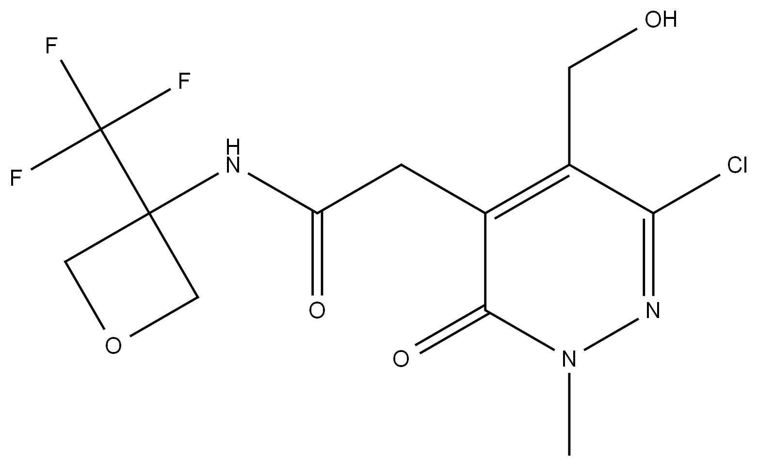 2-(6-chloro-5-(hydroxymethyl)-2-methyl-3-oxo-2,3-dihydropyridazin-4-yl)-N-(3-(trifluoromethyl)oxetan-3-yl)acetamide,2875097-16-6,结构式