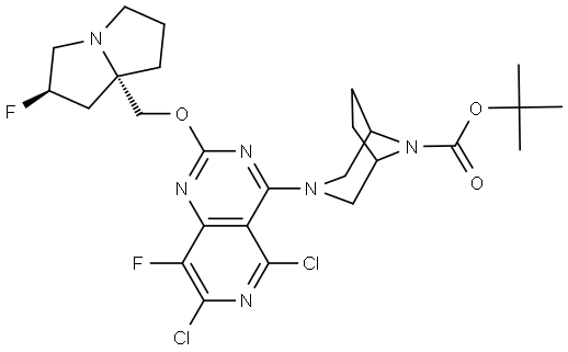 (1R,5S)-tert-butyl 3-(5,7-dichloro-8-fluoro-2-(((2R,7aS)-2-fluoro-hexahydro-1H-pyrrolizin-7a-yl)methoxy)pyrido[4,3-d]pyrimidin-4-yl)-3,8-diazabicyclo[3.2.1]octane-8-carboxylate Structure