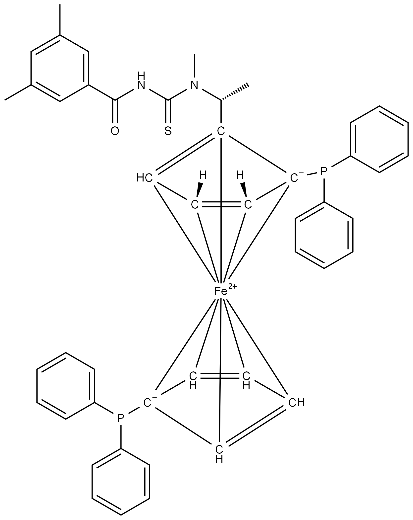 (2R)-1-[(1R)-1-[[[(3,5-dimethyl)benzoyl] amino]thioxomethyl] methylamino]ethyl]-1′,2-bis(diphenylphosphino)ferrocene Structure