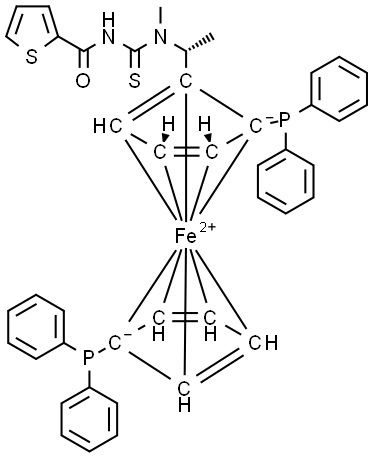 (2R)-1-[(1R)-1-[[(thiophene-2-carbonyl) amino]thioxomethyl] methylamino]ethyl]-1′,2-bis(diphenylphosphino)ferrocene Structure