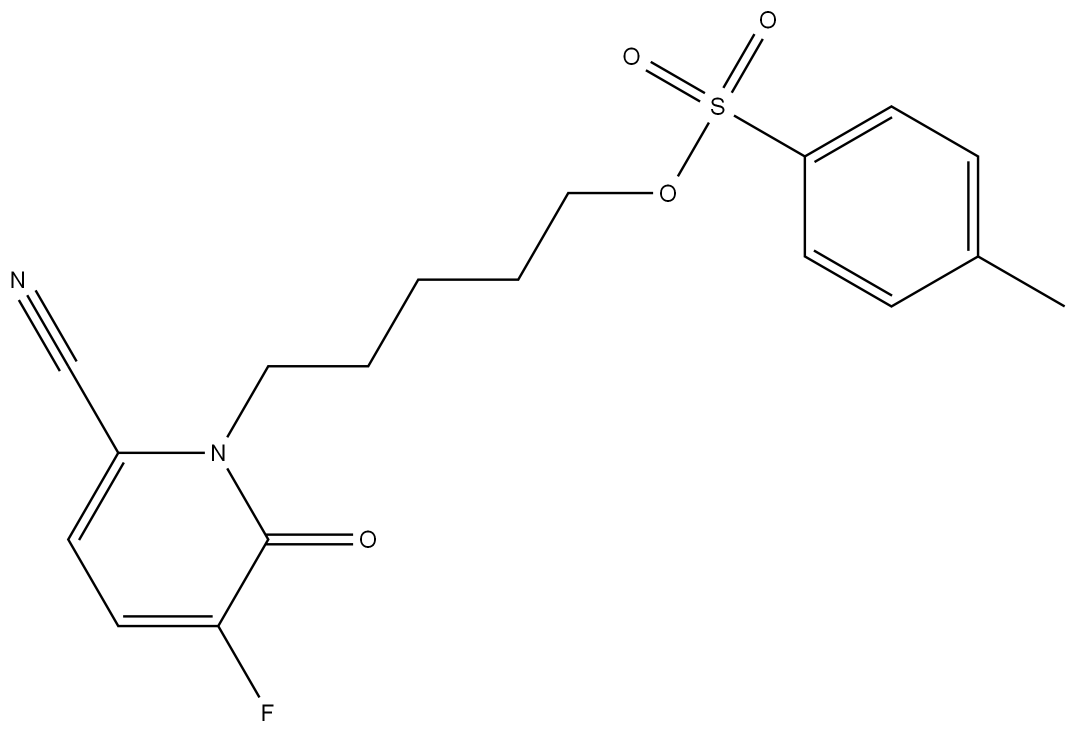 5-(6-cyano-3-fluoro-2-oxo-1-pyridyl)pentyl 4-methyl benzenesulfonate 结构式