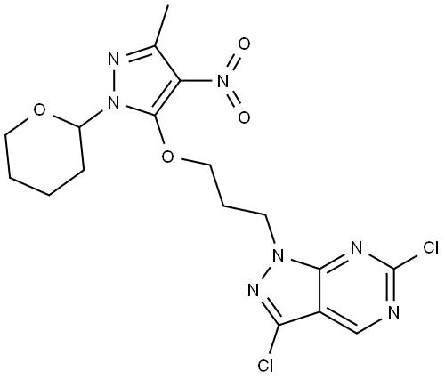 3,6-dichloro-1-(3-((3-methyl-4-nitro-1-(tetrahydro-2H-pyran-2-yl)-1H-pyrazol-5-yl)oxy)propyl)-1H-pyrazolo[3,4-d]pyrimidine Structure