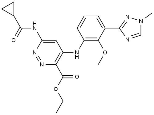 ethyl 6-(cyclopropanecarboxamido)-4-((2-methoxy-3-(1-methyl-1H-1,2,4-triazol-3-yl)phenyl)amino)pyridazine-3-carboxylate Struktur