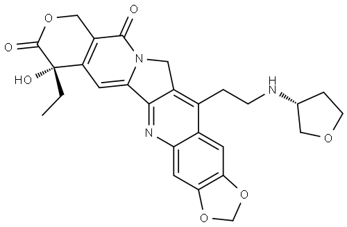 10H-1,3-Dioxolo[4,5-g]pyrano[3′,4′:6,7]indolizino[1,2-b]quinoline-8,11(7H,13H)-dione, 7-ethyl-7-hydroxy-14-[2-[[(3R)-tetrahydro-3-furanyl]amino]ethyl]-, (7S)- Structure