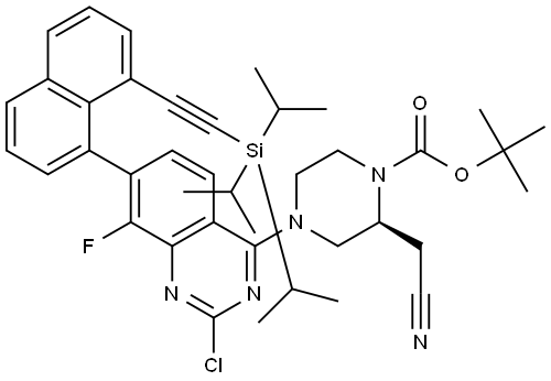 tert-butyl (S)-4-(2-chloro-8-fluoro-7-(8-(triisopropylsilyl)ethynyl)naphthalene-1-yl)quinazoline-4-2-(cyanomethyl)piperazine-1-carboxylate Structure