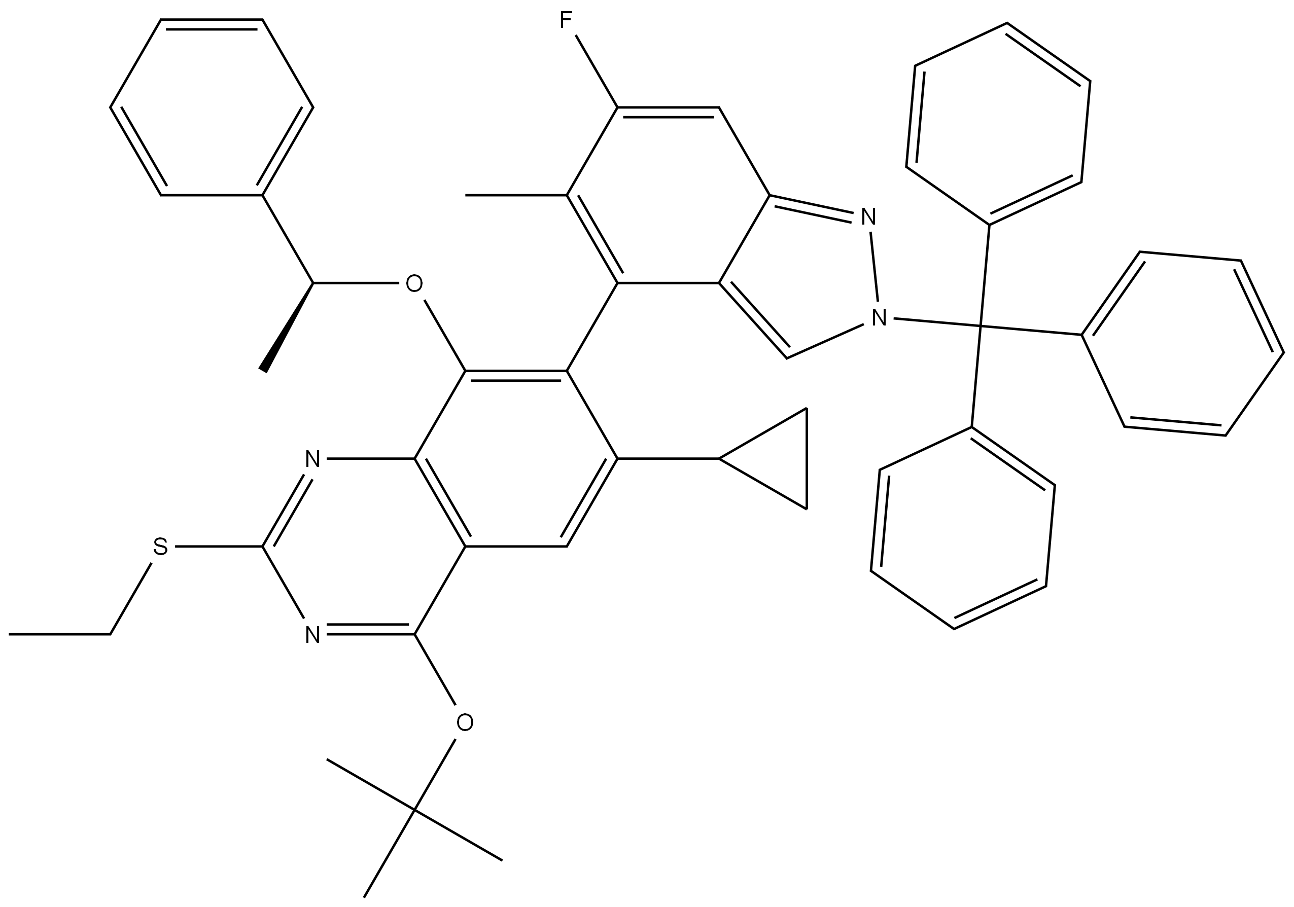 4-tert-butoxy-6-cyclopropyl-2-(ethylsulfanyl)-7-[6-fluoro-5-methyl-2-(triphenylmethyl)-2H-indazol-4-yl]-8-[(1S)-1-phenylethoxy]quinazoline,2985666-87-1,结构式