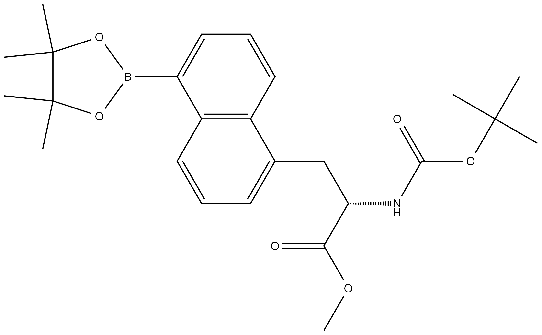 (S)-2-((叔丁氧基羰基)氨基)-3-(5-(4,4,5,5-四甲基-1,3,2-二氧硼杂环戊烷-2-基)萘-1-基)丙酸甲酯 结构式