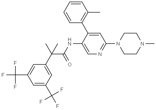 2-(3,5-bis(trifluoromethyl)phenyl)-2-methyl-N-(6-(4-methylpiperazin-1-yl)-4-(o-tolyl)pyridin-3-yl)propanamide Structure