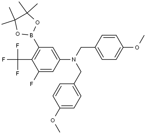 3-氟-N,N-双(4-甲氧基苄基)-5-(4,4,5,5-四甲基-1,3,2-二氧硼杂环戊烷-2-基)-4-(三氟甲基)苯胺,3018062-60-4,结构式