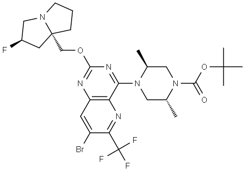 tert-butyl (2R,5S)-4-(7-bromo-2-(((2R,7aS)-2-fluorotetrahydro-1H-pyrrolizin-7a(5H)-yl)methoxy)-6-(trifluoromethyl)pyrido[3,2-d]pyrimidin-4-yl)-2,5-dimethylpiperazine-1-carboxylate Structure