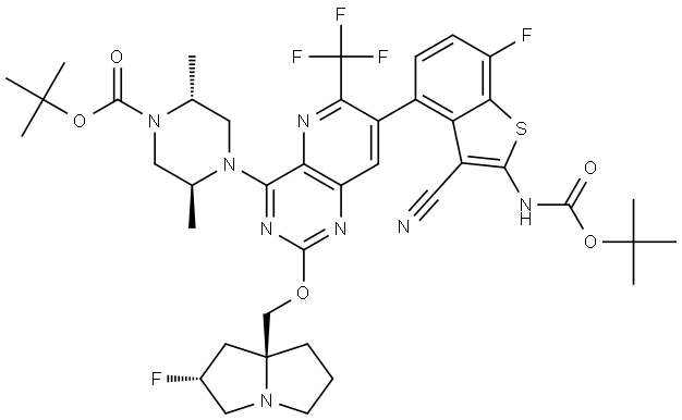 TERT-BUTYL (2R,5S)-4-(7-(2-((TERT-BUTOXYCARBONYL)AMINO)-3-CYANO-7-FLUOROBENZO[B]THIOPHEN-4-YL)-2-( 结构式