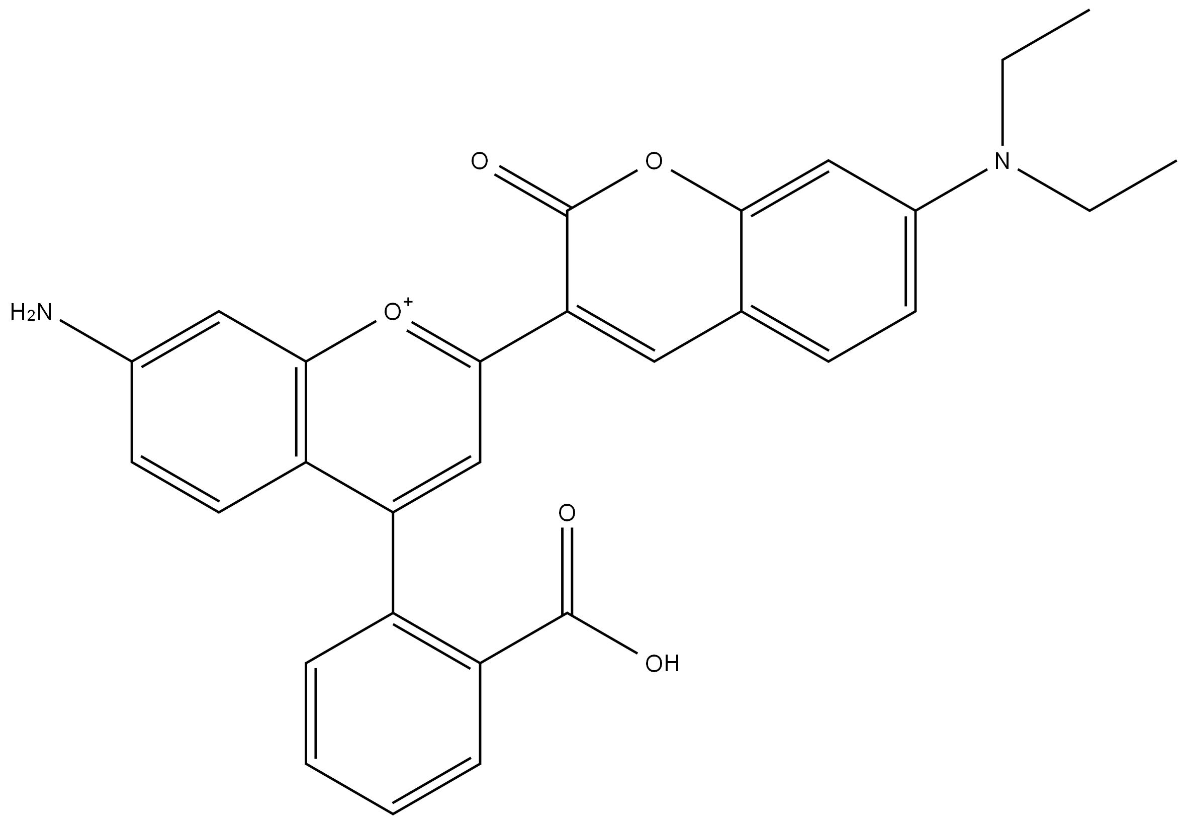 1-Benzopyrylium, 7-amino-4-(2-carboxyphenyl)-2-[7-(diethylamino)-2-oxo-2H-1-benzopyran-3-yl]-,3018886-53-5,结构式