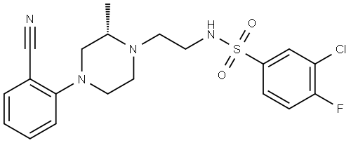 Benzenesulfonamide, 3-chloro-N-[2-[(2S)-4-(2-cyanophenyl)-2-methyl-1-piperazinyl]ethyl]-4-fluoro- Struktur