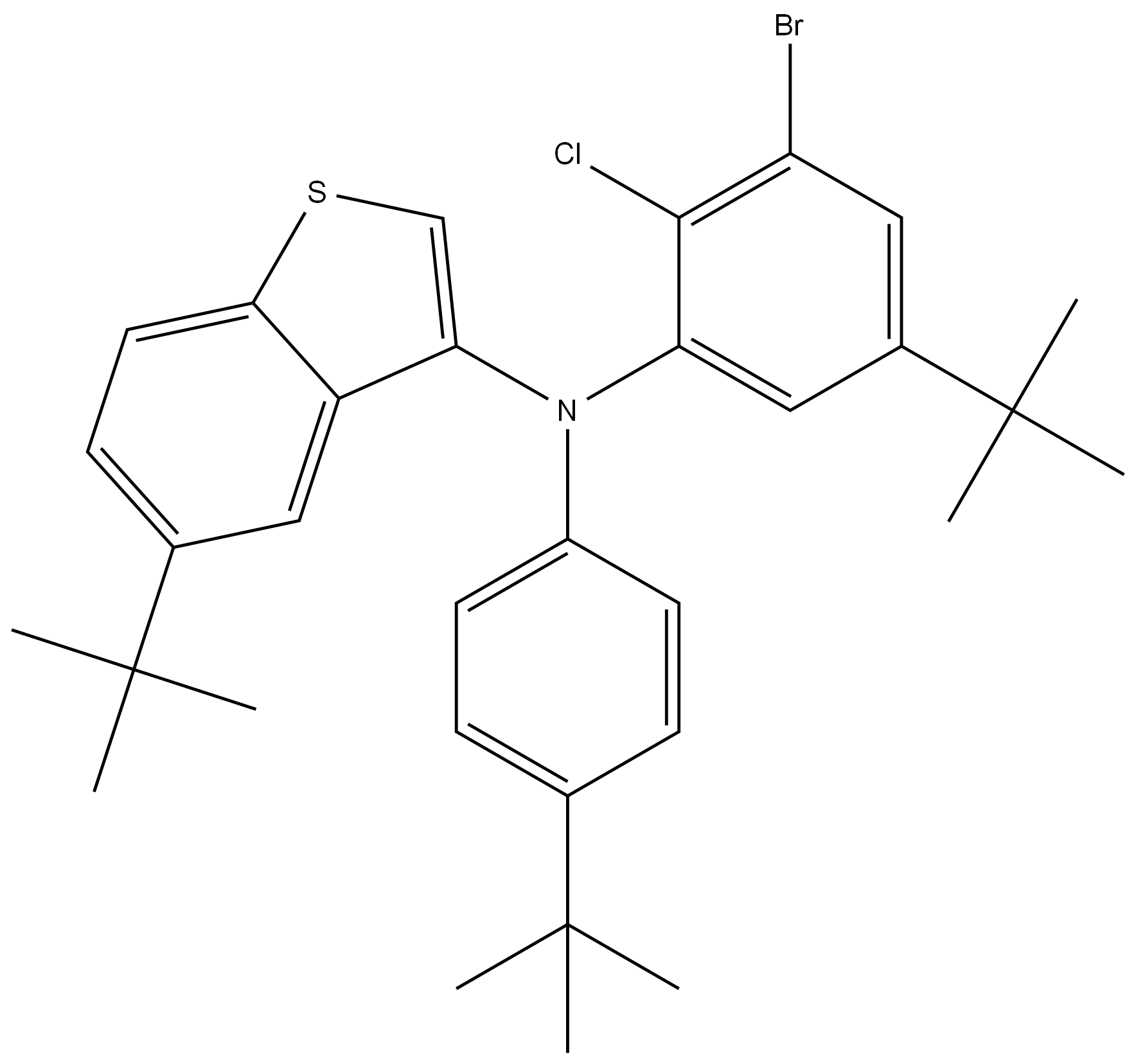 N-(3-bromo-5-(tert-butyl)-2-chlorophenyl)-5-(tert-butyl)-N-(4-(tert-butyl)phenyl)benzo[b]thiophen-3-amine,3028683-61-3,结构式
