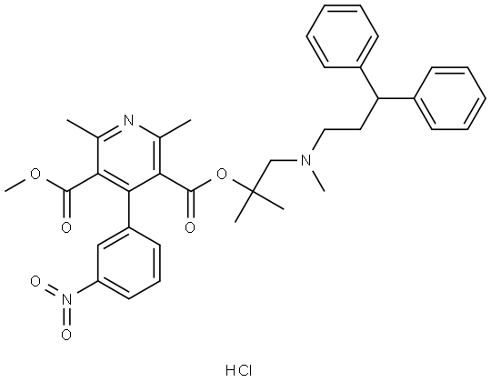 3,5-Pyridinedicarboxylic acid, 2,6-dimethyl-4-(3-nitrophenyl)-, 3-[2-[(3,3-diphenylpropyl)methylamino]-1,1-dimethylethyl] 5-methyl ester, hydrochloride (1:1) Structure