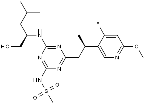 Methanesulfonamide, N-[4-[(2R)-2-(4-fluoro-6-methoxy-3-pyridinyl)propyl]-6-[[(1R)-1-(hydroxymethyl)-3-methylbutyl]amino]-1,3,5-triazin-2-yl]- Struktur