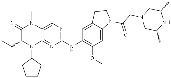 (R)-8-Cyclopentyl-2-((1-(2-((3R,5S)-3,5-dimethylpiperazin-1-yl)acetyl)-6-methoxyindolin-5-yl)amino)-7-ethyl-5-methyl-7,8-dihydropteridin-6(5H)-one Structure