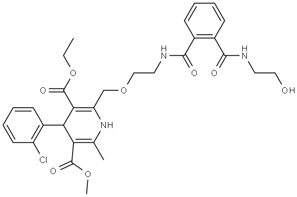 3,5-Pyridinedicarboxylic acid, 4-(2-chlorophenyl)-1,4-dihydro-2-[[2-[[2-[[(2-hydroxyethyl)amino]carbonyl]benzoyl]amino]ethoxy]methyl]-6-methyl-, 3-ethyl 5-methyl ester Struktur