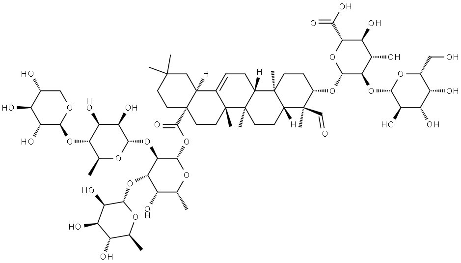 β-D-Glucopyranosiduronic acid, (3β,4α)-28-[(O-6-deoxy-α-L-mannopyranosyl-(1→3)-O-[O-β-D-xylopyranosyl-(1→4)-6-deoxy-α-L-mannopyranosyl-(1→2)]-6-deoxy-β-D-galactopyranosyl)oxy]-23,28-dioxoolean-12-en-3-yl 2-O-β-D-galactopyranosyl- Structure
