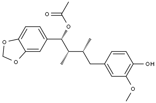 1,3-Benzodioxole-5-methanol, α-[(1S,2R)-3-(4-hydroxy-3-methoxyphenyl)-1,2-dimethylpropyl]-, 5-acetate, (αR)- Struktur