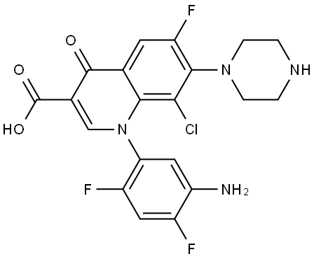 3-Quinolinecarboxylic acid, 1-(5-amino-2,4-difluorophenyl)-8-chloro-6-fluoro-1,4-dihydro-4-oxo-7-(1-piperazinyl)- Structure