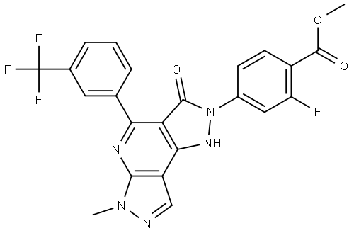Benzoic acid, 4-[3,6-dihydro-6-methyl-3-oxo-4-[3-(trifluoromethyl)phenyl]dipyrazolo[3,4-b:3′,4′-d]pyridin-2(1H)-yl]-2-fluoro-, methyl ester (9CI, ACI),635325-38-1,结构式